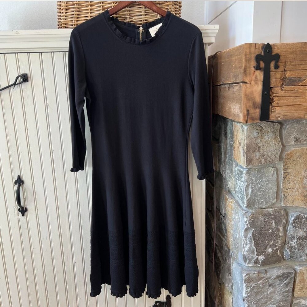 Kate Spade Black Long Sleeve Fit & Flare Midi Dress with Ruffle Hem M